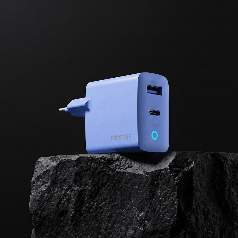 Forever Vibe-TC45AC GaN PD QC charger 1x USB-C 1x USB 45W sky blue - Billede 4
