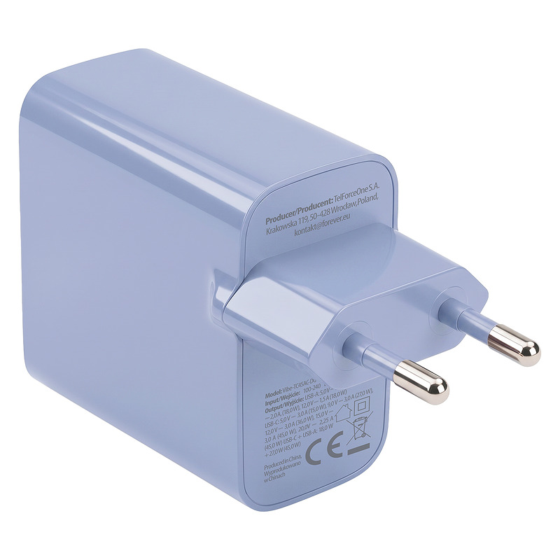 Forever Vibe-TC45AC GaN PD QC charger 1x USB-C 1x USB 45W sky blue - Billede 5