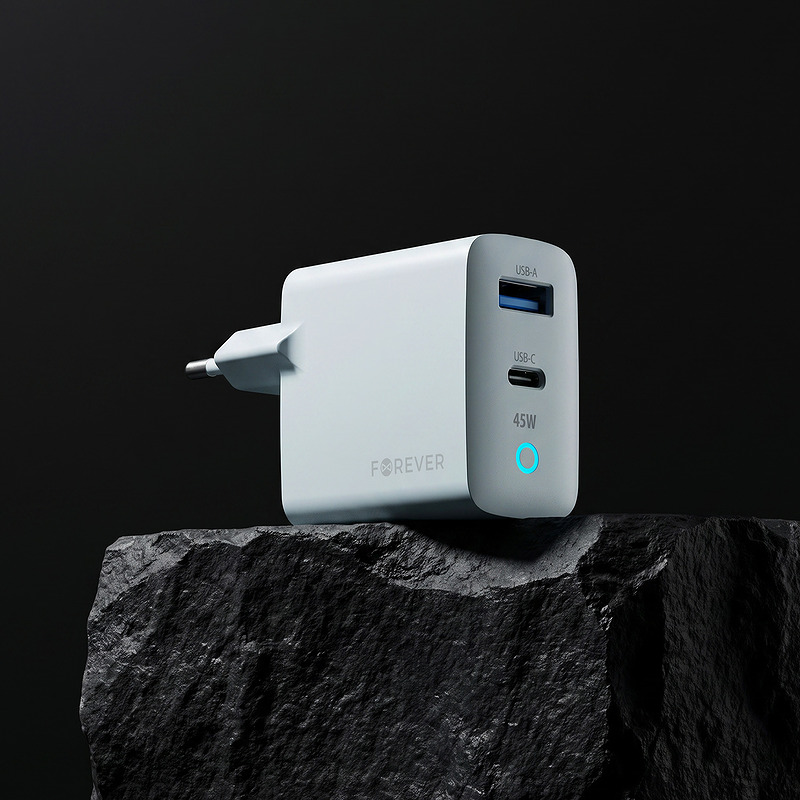 Forever Vibe-TC45AC GaN PD QC charger 1x USB-C 1x USB 45W silver - Billede 3