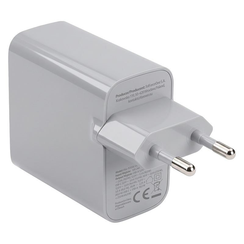Forever Vibe-TC45AC GaN PD QC charger 1x USB-C 1x USB 45W silver - Billede 4