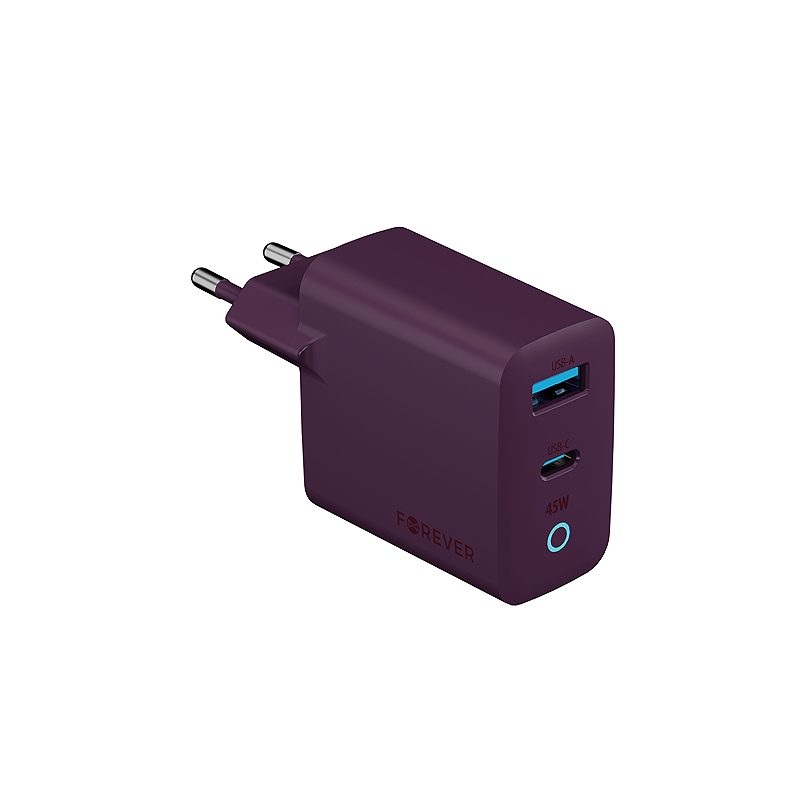 Forever Vibe-TC45AC GaN PD QC charger 1x USB-C 1x USB 45W dark cherry