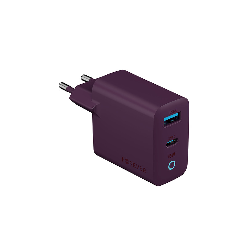 Forever Vibe-TC45AC GaN PD QC charger 1x USB-C 1x USB 45W dark cherry - Billede 2