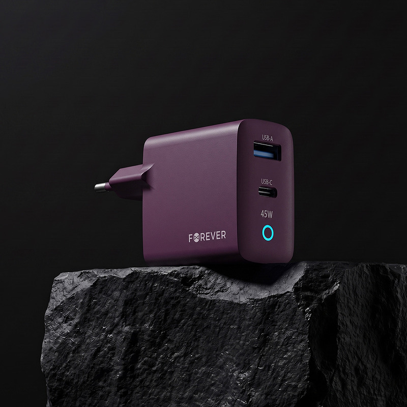 Forever Vibe-TC45AC GaN PD QC charger 1x USB-C 1x USB 45W dark cherry - Billede 3