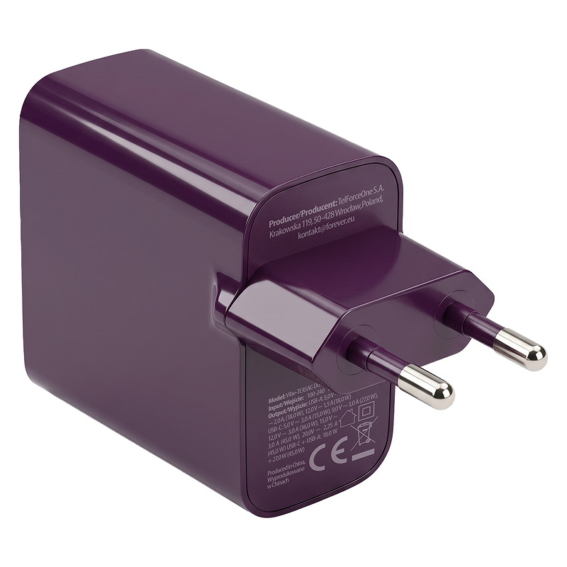 Forever Vibe-TC45AC GaN PD QC charger 1x USB-C 1x USB 45W dark cherry - Billede 4