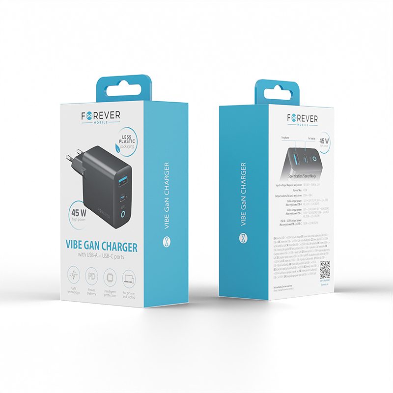Forever Vibe-TC45AC GaN PD QC charger 1x USB-C 1x USB 45W dark grey - Billede 2