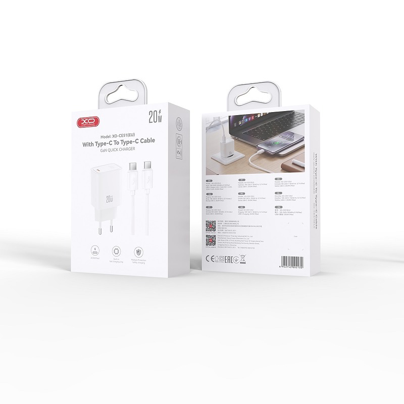 XO wall charger CE51 PD 20W 1x USB-C white + USB-C - USB-C cable - Billede 2