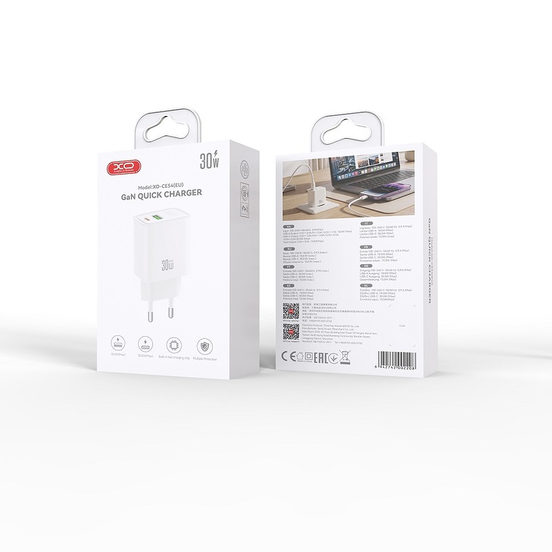 XO wall charger CE54 PD 30W 1x USB-C 1x USB white - Billede 5