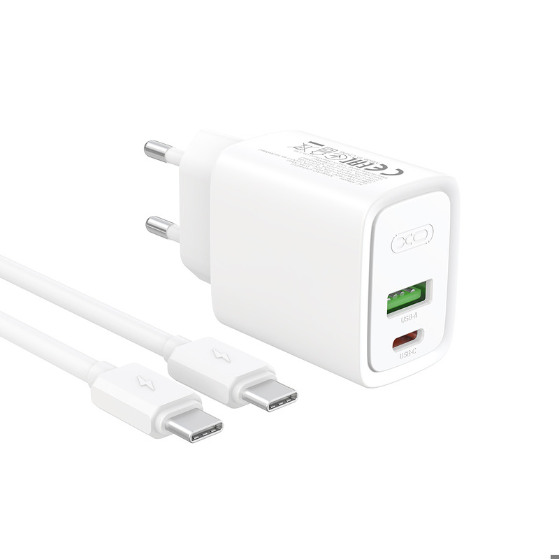 XO wall charger CE54 PD 30W 1x USB-C 1x USB white + cable USB-C - USB-C