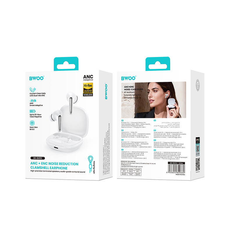 BWOO Wireless Headphone ANC + ENC TWS BO-BW53WH white - Billede 5