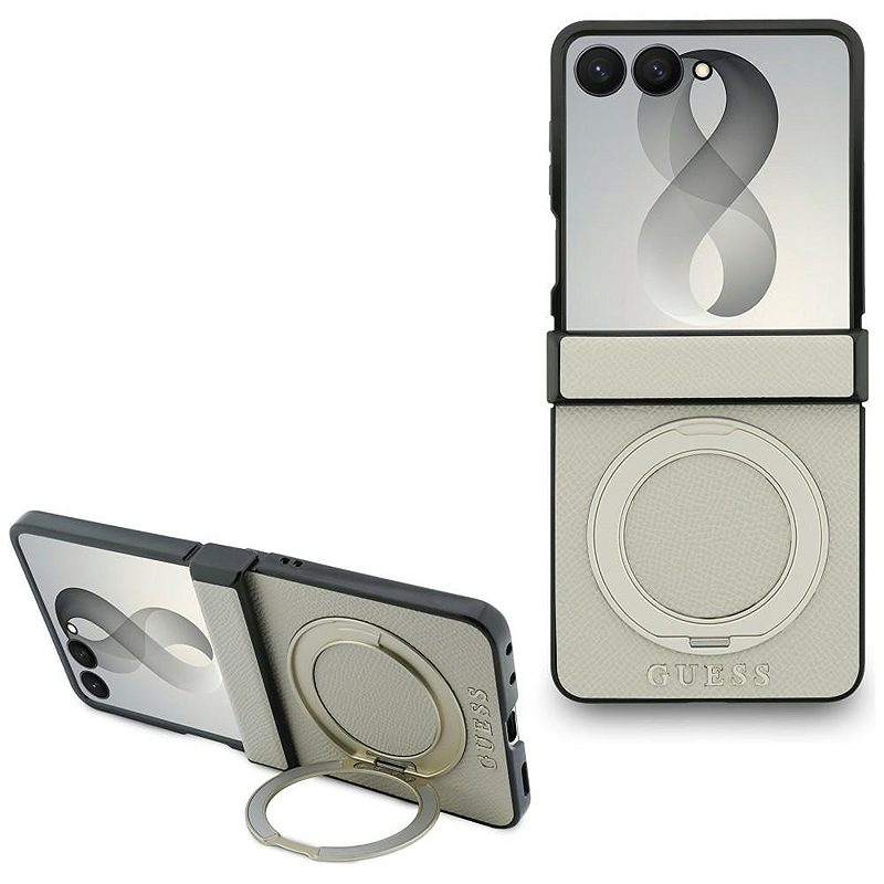 Guess  HC Magnetic Ring Stand Grained PU Classic Logo case for Samsung Galaxy Z Flip 8 beige