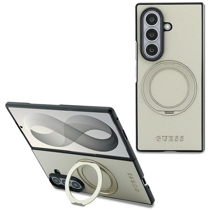 Guess  HC Magnetic Ring Stand Grained PU Classic Logo case for Samsung Galaxy Z Fold 8 Ultra beige