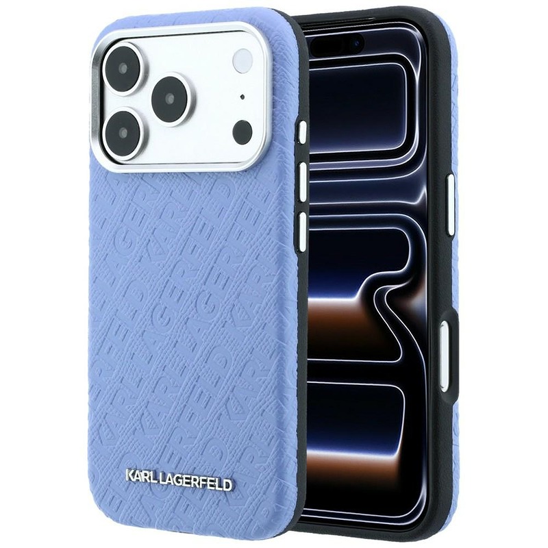 Karl Lagerfeld Grained Allover Logo Metal Elongated MagSafe case for iPhone 18 Pro / 17 Pro blue