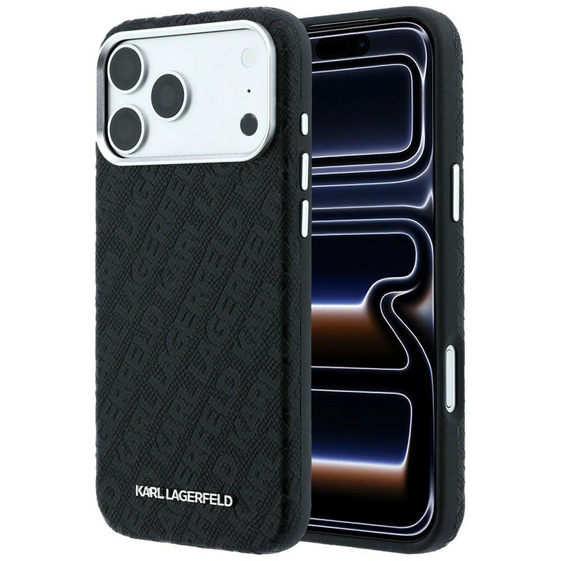 Karl Lagerfeld Grained Allover Logo Metal Elongated MagSafe case for iPhone 18 Pro Max / 17 Pro Max black