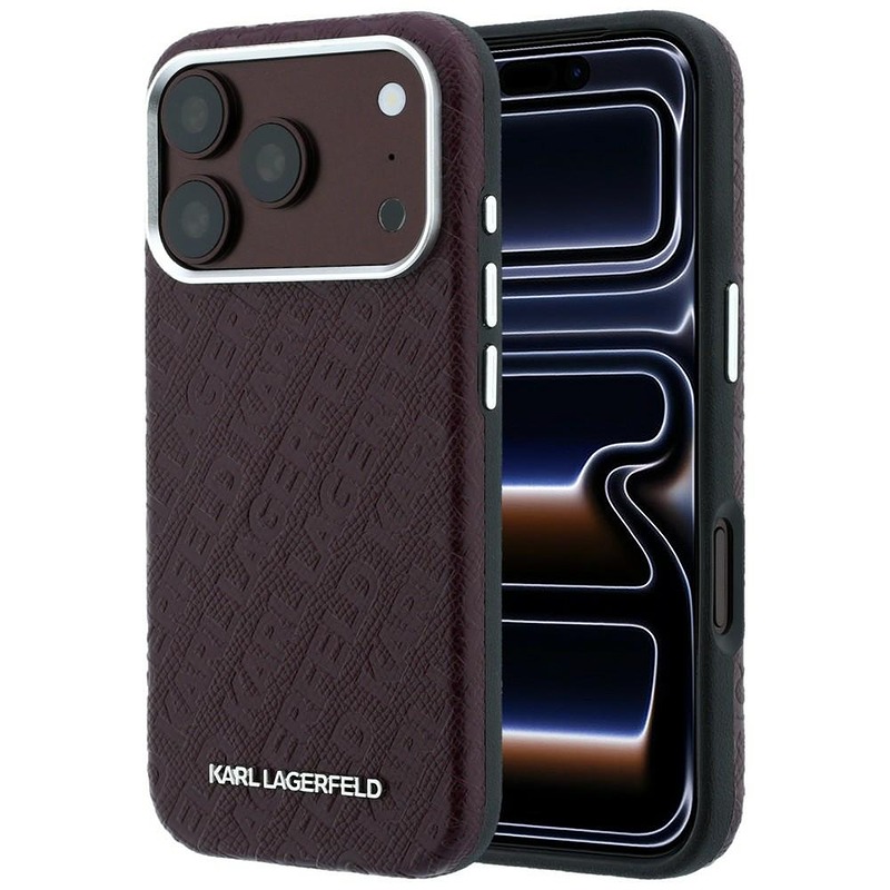 Karl Lagerfeld Grained Allover Logo Metal Elongated MagSafe case for iPhone 18 Pro Max / 17 Pro Max burgundy