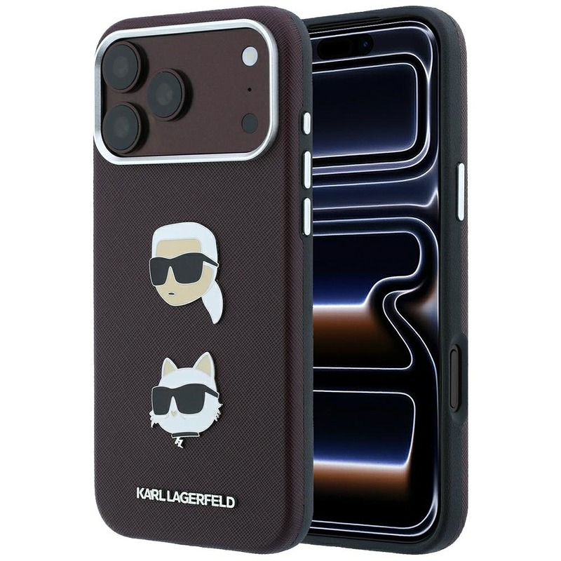 Karl Lagerfeld Saffiano with Karl & Choupette Heads Pins & Logo case for Iphone 18 Pro / 17 Pro burgundy