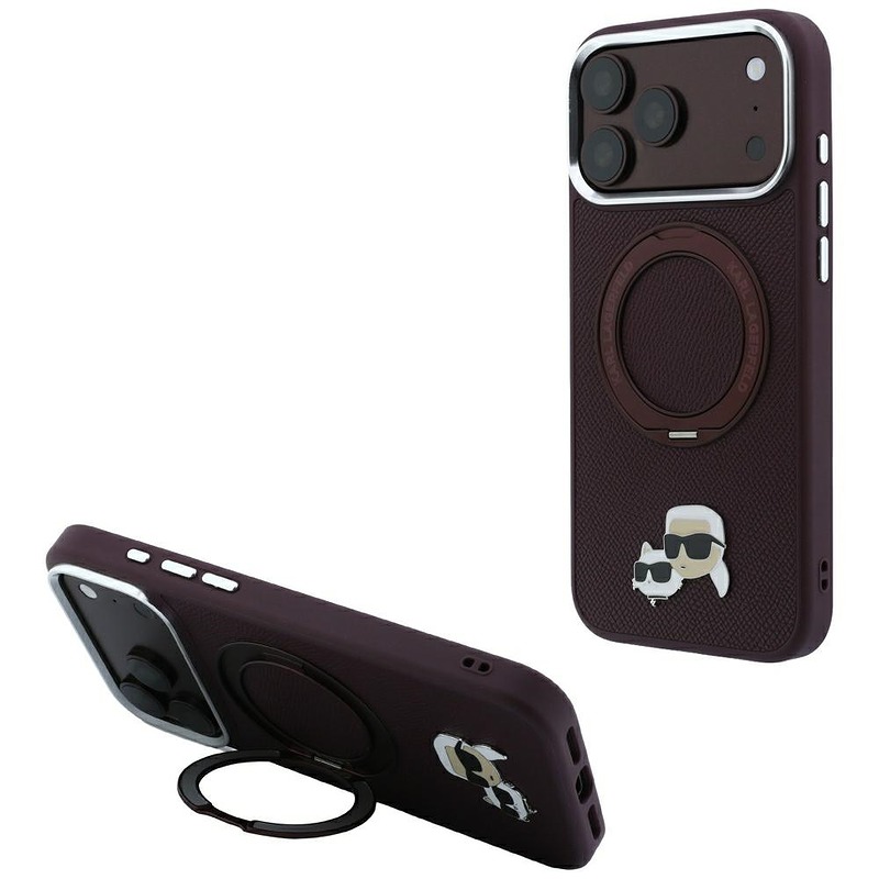 Karl Lagerfeld with Ring Stand 360 Karl & Choupette Heads Pin MagSafe case for Iphone 18 Pro / 17 Pro burgundy