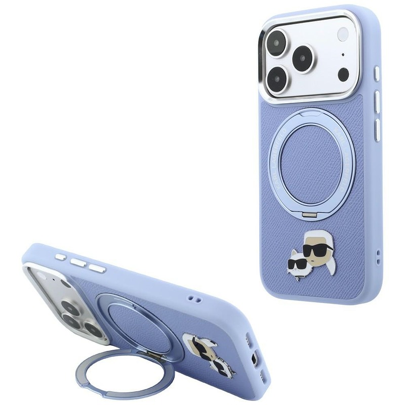 Karl Lagerfeld with Ring Stand 360 Karl & Choupette Heads Pin MagSafe case for Iphone 18 Pro Max / 17 Pro Max blue