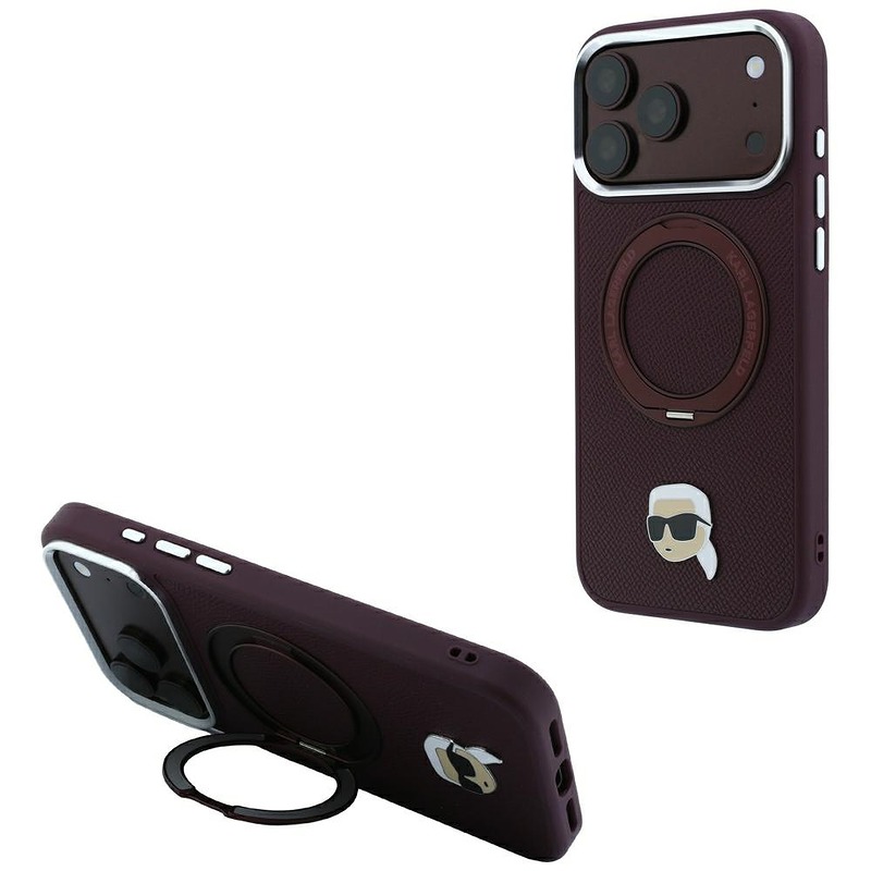Karl Lagerfeld with Ring Stand 360 Karl Head Pin MagSafe case for Iphone 18 Pro / 17 Pro burgundy