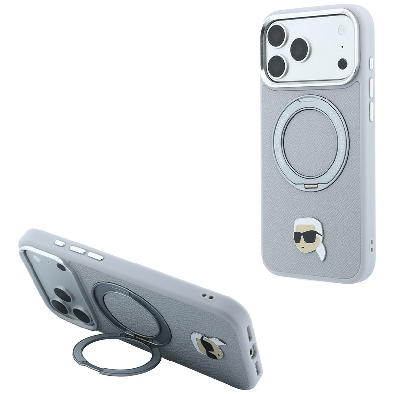 Karl Lagerfeld with Ring Stand 360 Karl Head Pin MagSafe case for Iphone 18 Pro / 17 Pro szary