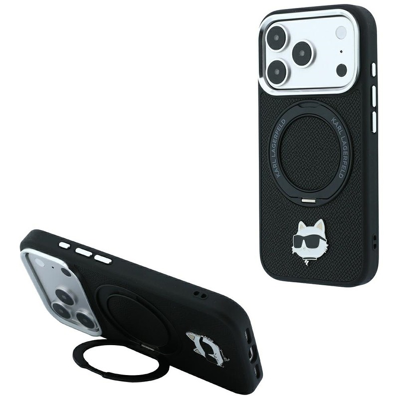 Karl Lagerfeld with Ring Stand 360 Choupette Head Pin MagSafe case for iPhone 18 Pro / 17 Pro black
