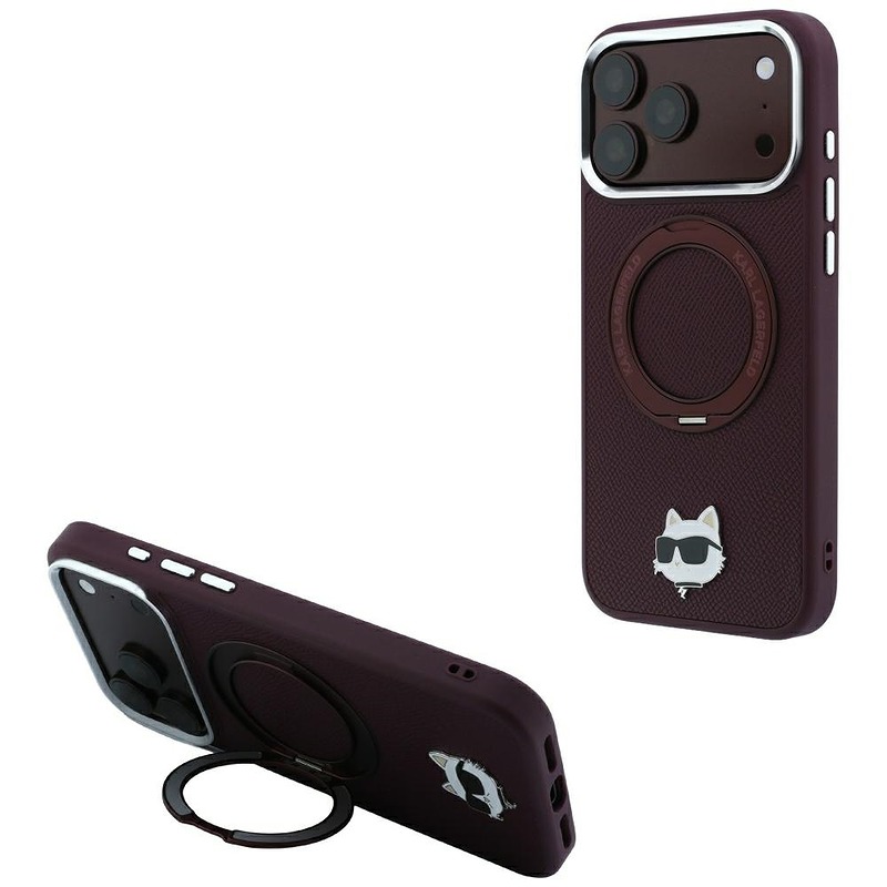 Karl Lagerfeld with Ring Stand 360 Choupette Head Pin MagSafe case for iPhone 18 Pro Max / 17 Pro Max burgundy