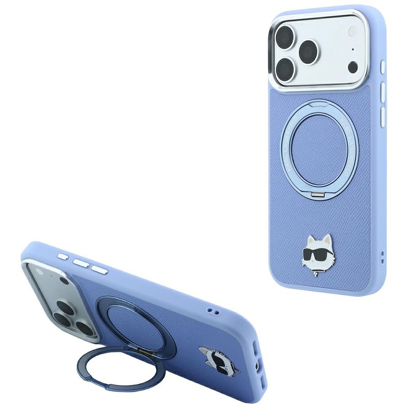 Karl Lagerfeld with Ring Stand 360 Choupette Head Pin MagSafe case for iPhone 18 Pro Max / 17 Pro Max light blue