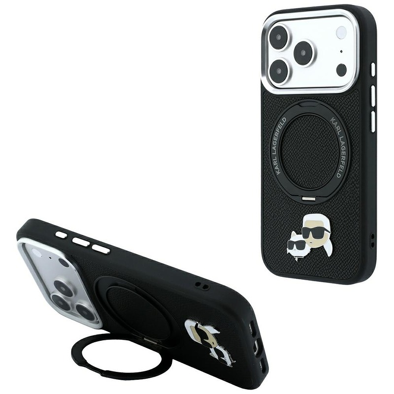 Karl Lagerfeld with Ring Stand 360 Karl Choupette Heads Pin MagSafe case for iPhone 18 Pro / 17 Pro black