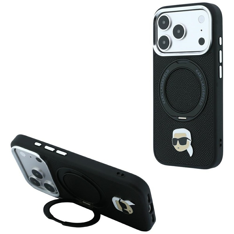 Karl Lagerfeld with Ring Stand 360 Karl Head Pin MagSafe case for iPhone 18 Pro / 17 Pro black
