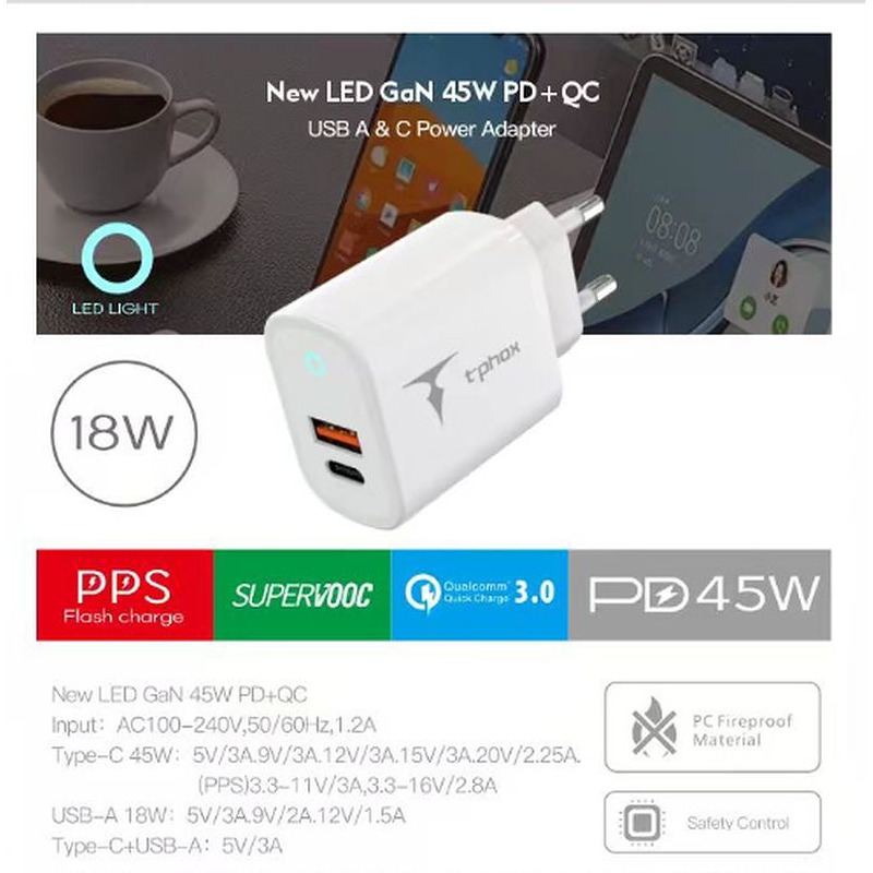 WALL CHARGER T-PHOX GLORY 45W USB/USB-C WHITE - Billede 2