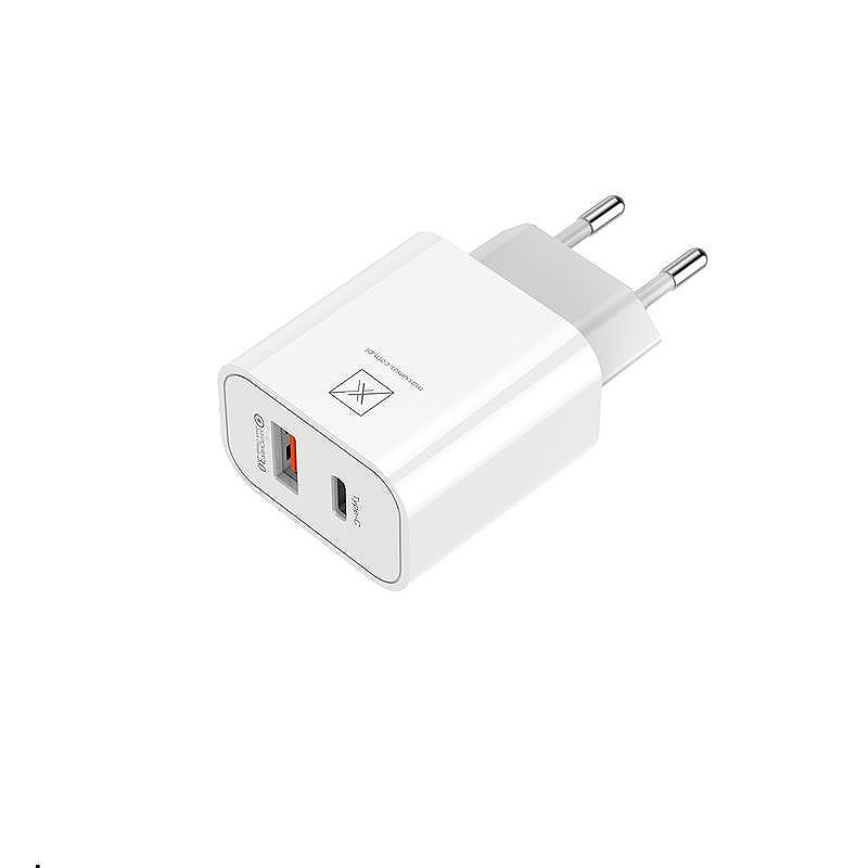 WALL CHARGER MX ALFA 20W PD+QC, USB-A+C + C/C CABLE 20W PD, WHITE