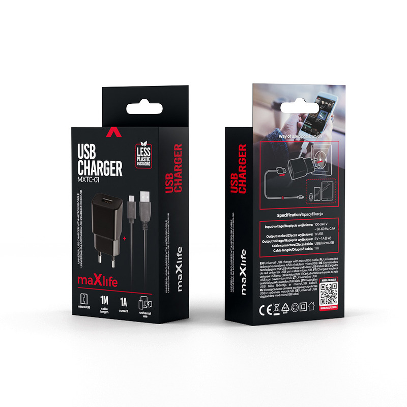 Maxlife MXTC-01 charger 1x USB 1A black + microUSB cable - Billede 5