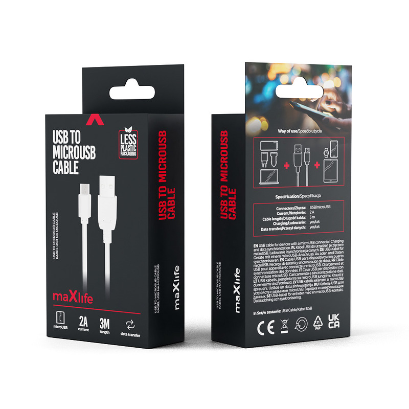 Maxlife cable USB - microUSB 3,0 m 2A white - Billede 2