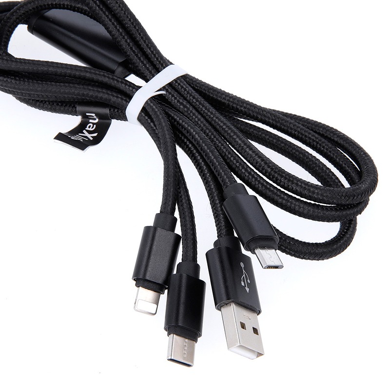 Maxlife 3in1 cable USB - Lightning + USB-C + microUSB 1,0 m 2,1A black nylon - Billede 2