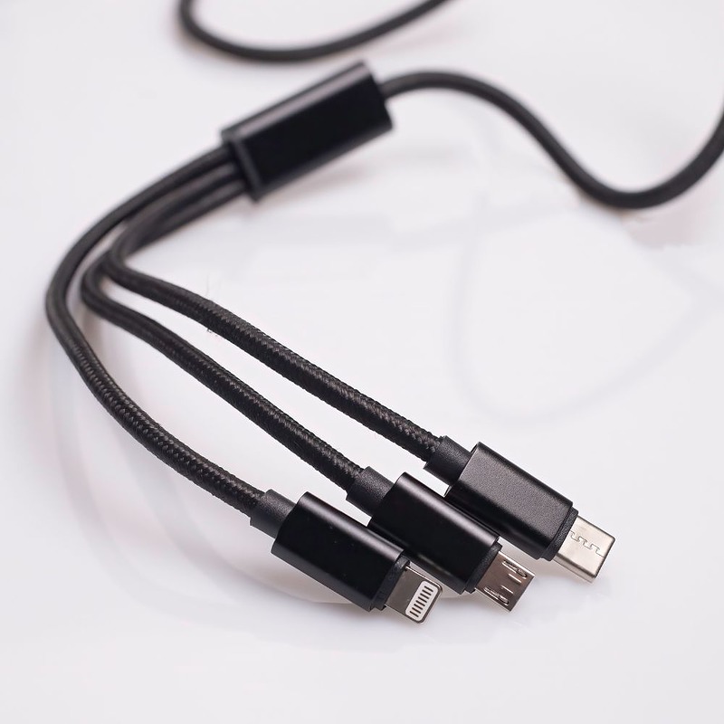 Maxlife 3in1 cable USB - Lightning + USB-C + microUSB 1,0 m 2,1A black nylon - Billede 3