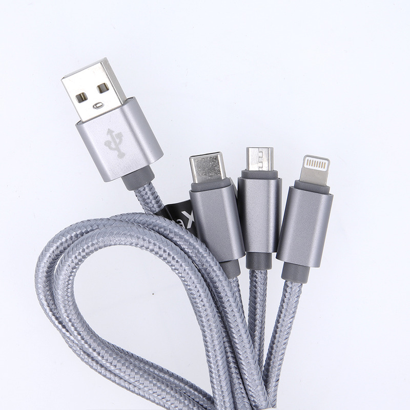Maxlife 3in1 cable USB - Lightning + USB-C + microUSB 1,0 m 2,1A grey nylon - Billede 2