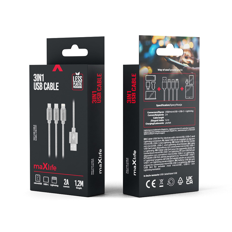 Maxlife 3in1 cable USB - Lightning + USB-C + microUSB 1,0 m 2,1A grey nylon - Billede 3