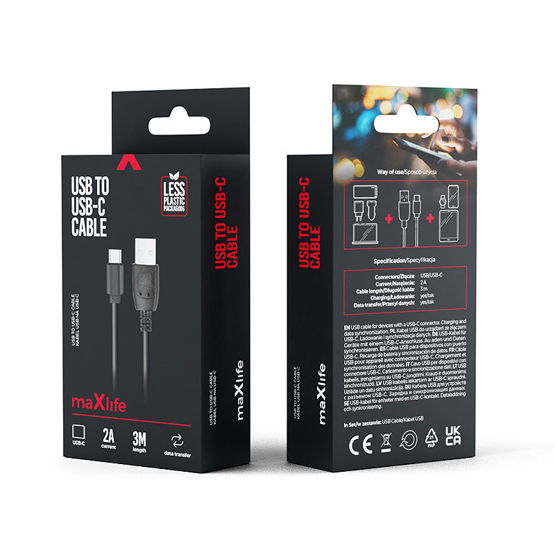 Maxlife cable USB - USB-C 3,0 m 2A black - Billede 2