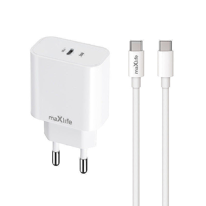 Maxlife MXTC-06-20C PD QC charger 1x USB-C 20W white + USB-C - USB-C cable 20W