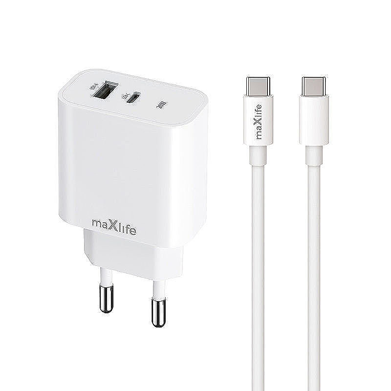 Maxlife MXTC-06-20AC PD QC charger 1x USB-C 1x USB 20W white + USB-C - USB-C cable 20W