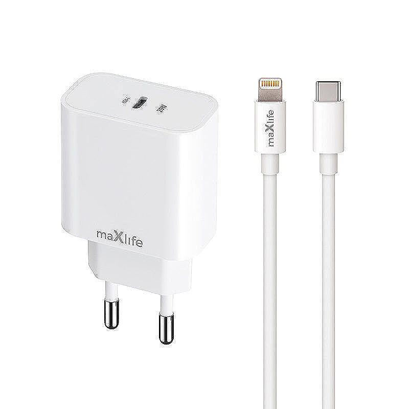Maxlife MXTC-06-20C PD QC charger 1x USB-C 20W white + USB-C - Lightning cable 20W