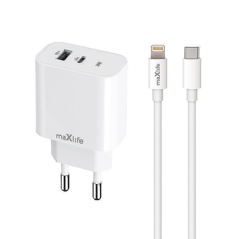 Maxlife MXTC-06-20AC PD QC charger 1x USB-C 1x USB 20W white + USB-C - Lightning cable 20W