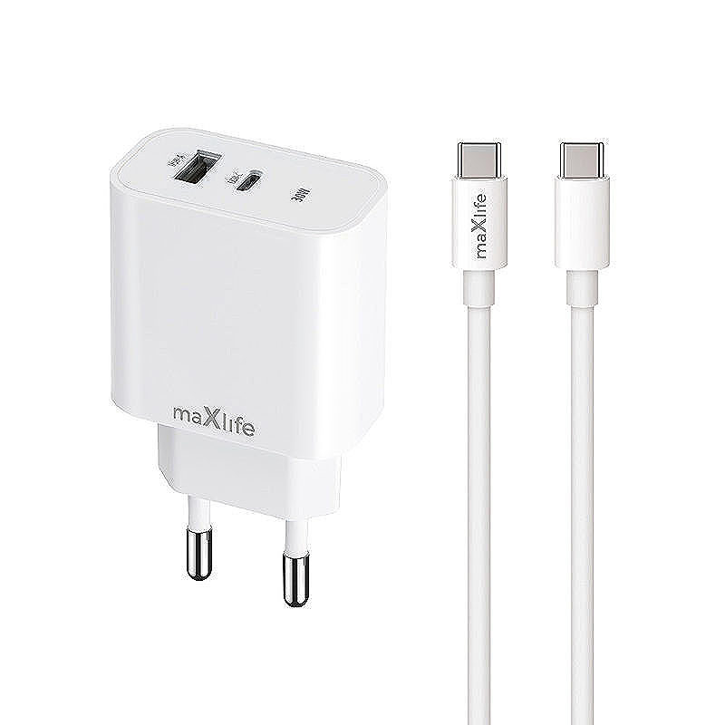 Maxlife MXTC-06-30AC PD QC charger 1x USB-C 1x USB 30W white + USB-C - USB-C cable 60W