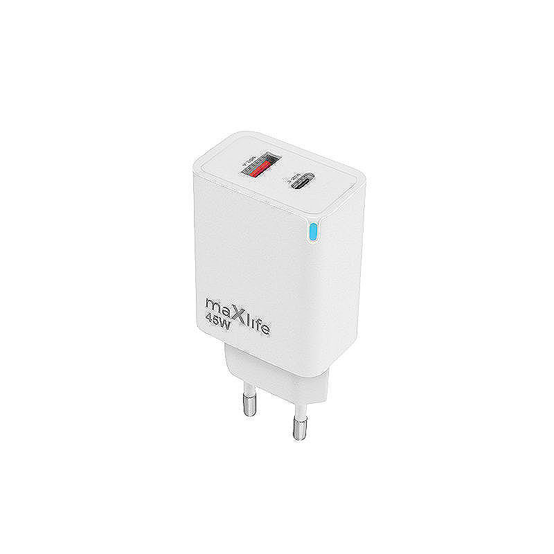 Maxlife MXTC-09-45AC GaN PD QC charger 1x USB-C 1x USB 45W white