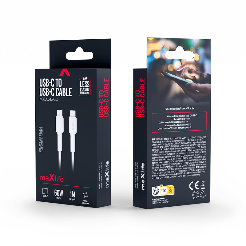 Maxlife MXUC-13 cable USB-C - USB-C 1,0 m 60W white - Billede 2