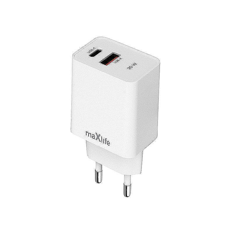 Maxlife 220V 20W PD QC oplader 1x USB-C 1x USB hvid