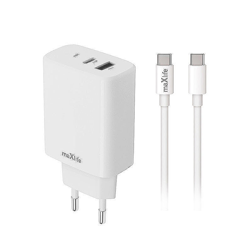 Maxlife MXTC-10-30AC PD QC charger 1x USB-C 1x USB 30W white + USB-C - USB-C cable 60W