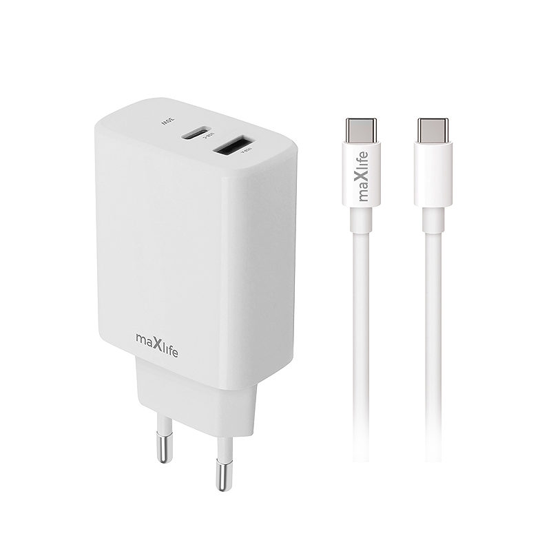 Maxlife MXTC-10-20AC PD QC charger 1x USB-C 1x USB 20W white + USB-C - USB-C cable 20W