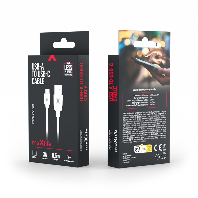 Maxlife cable USB - USB-C 0,5 m 3A white - Billede 2