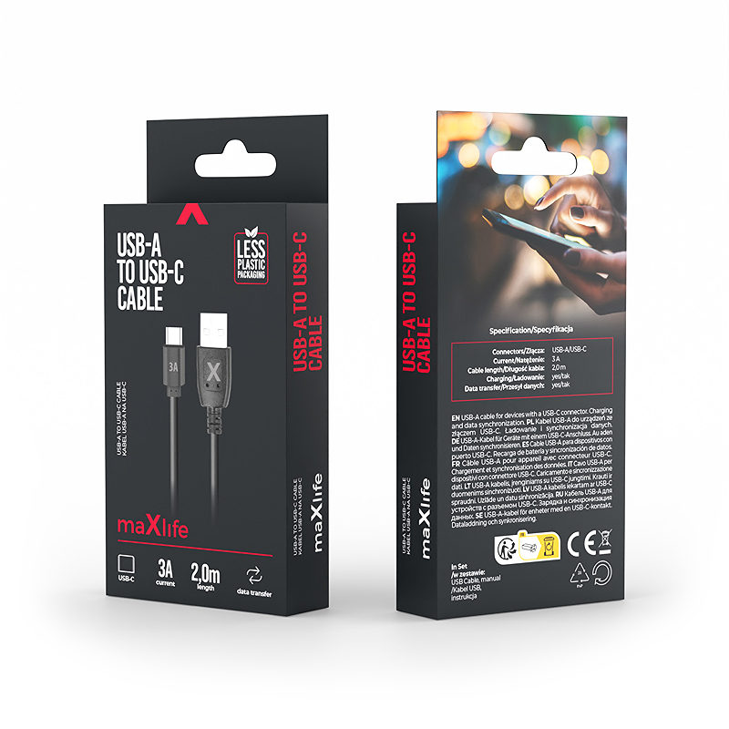 Maxlife cable USB - USB-C 2,0 m 3A black - Billede 2