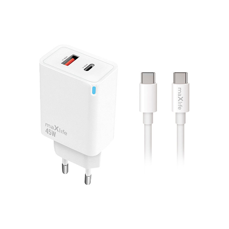 Maxlife MXTC-09-45AC PD QC charger 1x USB-C 1x USB 45W white + USB-C - USB-C cable 2.0m 60W